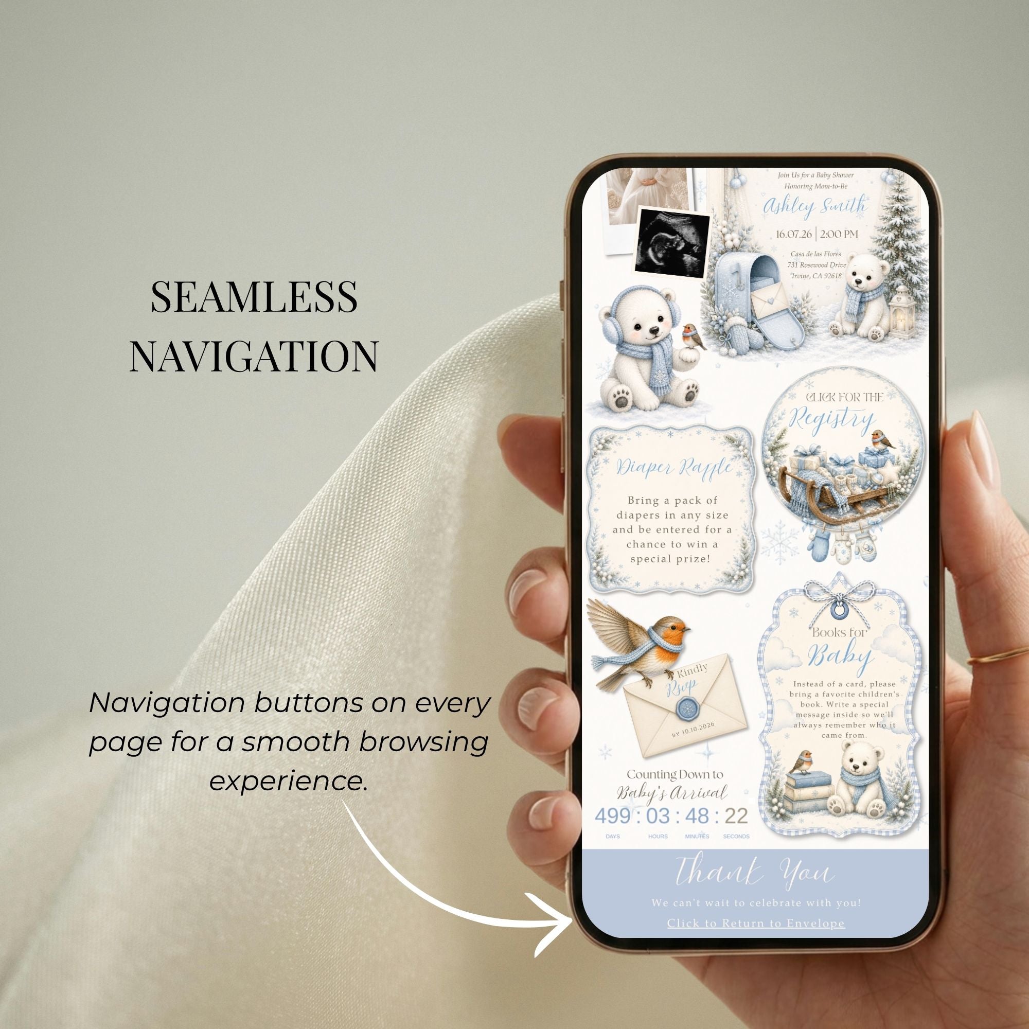 Mobile-friendly Baby It's Cold Outside baby shower website with simple navigation and RSVP access.