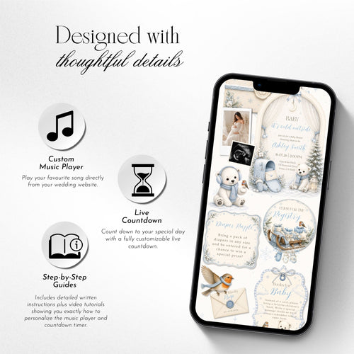 Baby shower website template featuring invitation details, RSVP form, registry, countdown, and music.