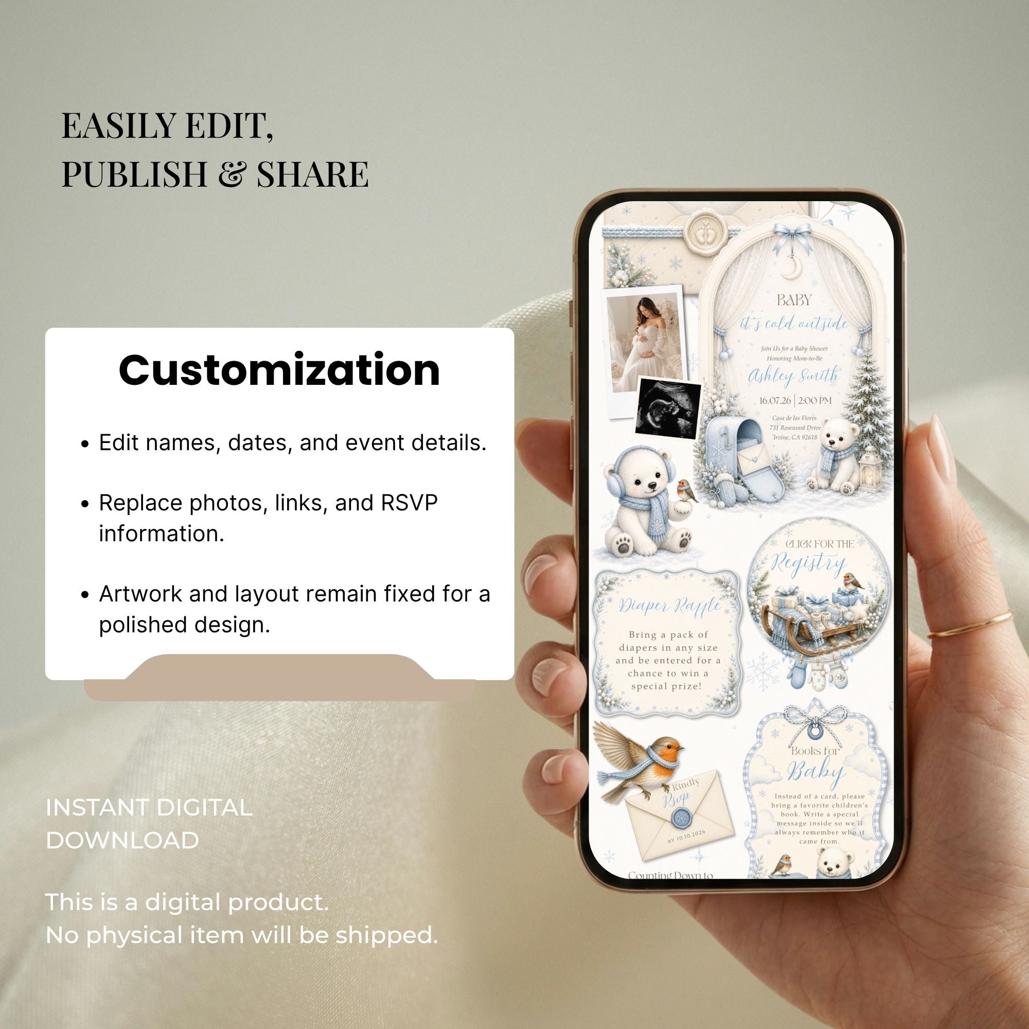 Editable Canva baby shower website template with customizable colors, fonts, text, and photos.