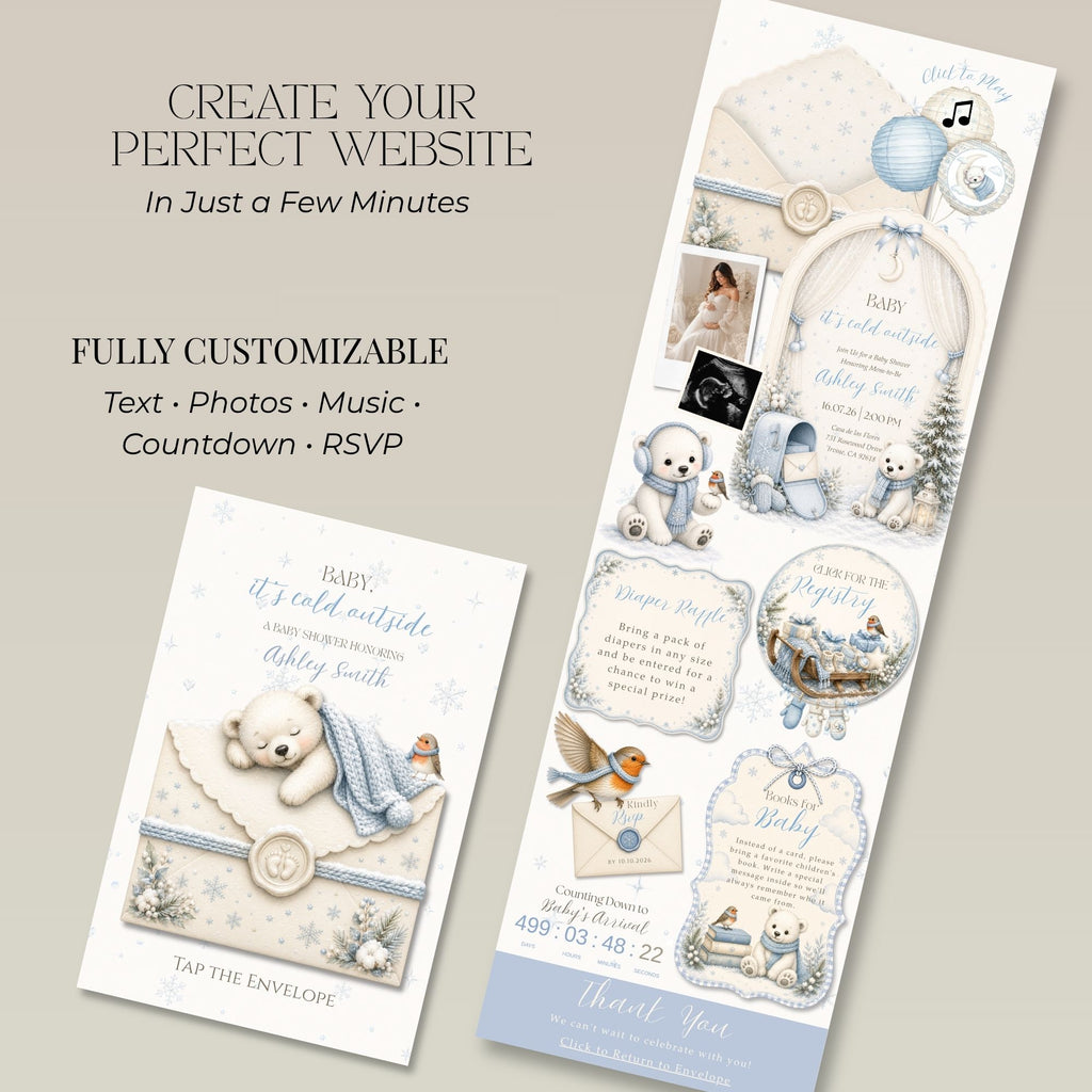 Baby shower website template including homepage, RSVP page, registry, countdown, and event details.
