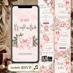 Baby It’s Cold Outside baby shower website with pink Christmas styling, interactive RSVP, countdown, registry and winter details.