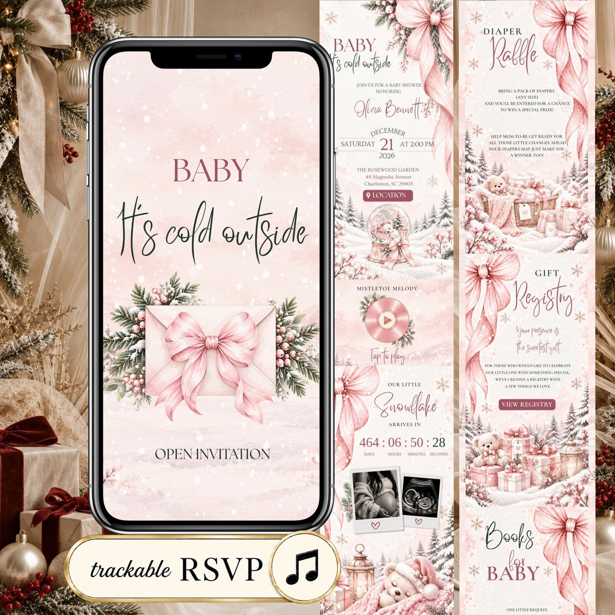 Baby It’s Cold Outside baby shower website with pink Christmas styling, interactive RSVP, countdown, registry and winter details.