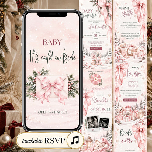 Baby It’s Cold Outside baby shower website with pink Christmas styling, interactive RSVP, countdown, registry and winter details.