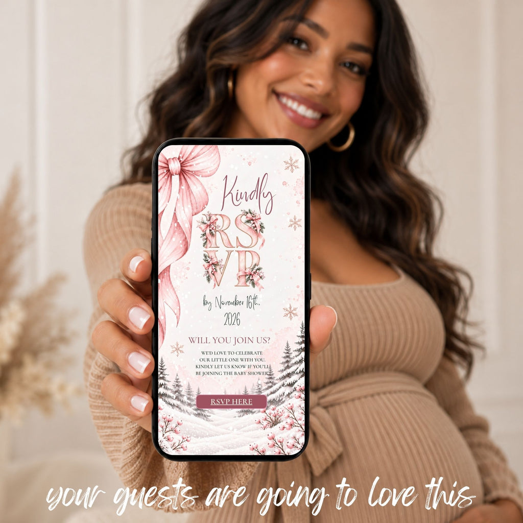 Baby It’s Cold Outside digital invitation shown on a phone with pink winter styling and personalized baby shower details.