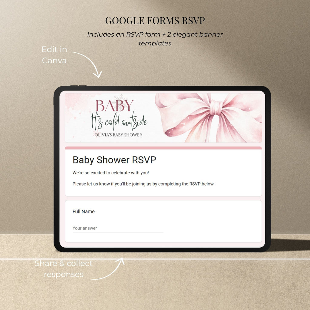 Google Forms RSVP template for the Christmas baby shower website with matching pink winter banner and guest response fields.