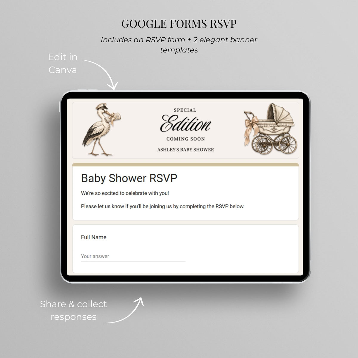 Google Forms RSVP template for the newspaper baby shower website with matching Baby Gazette banner and guest response fields.