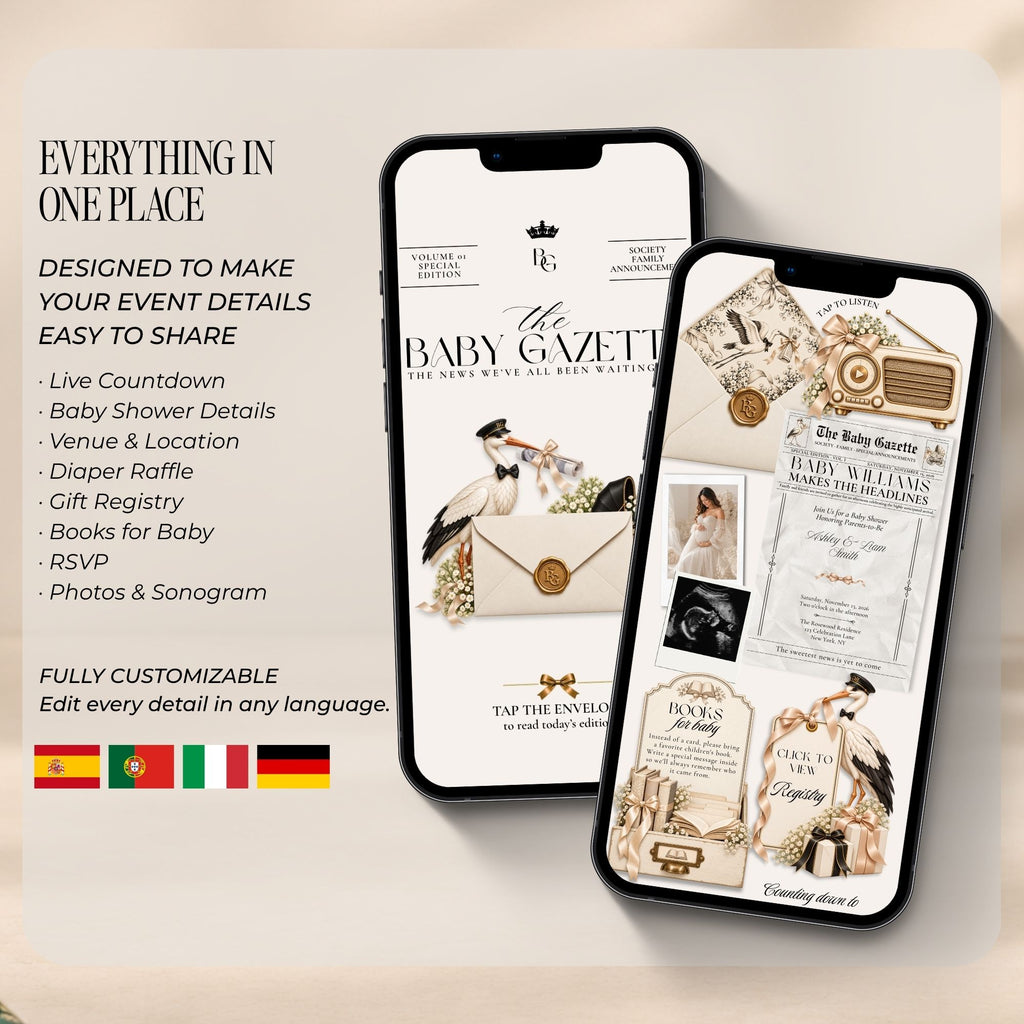 Baby shower newspaper website featuring countdown, registry, Books for Baby, RSVP, event details and editable Canva pages.