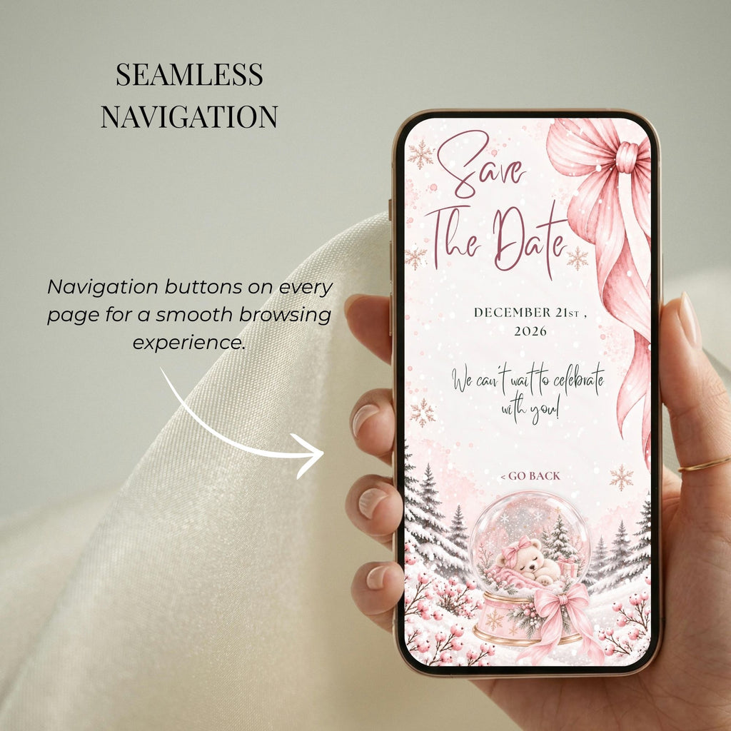 Baby shower website navigation shown on a phone with Save the Date page and buttons for a smooth mobile guest experience.