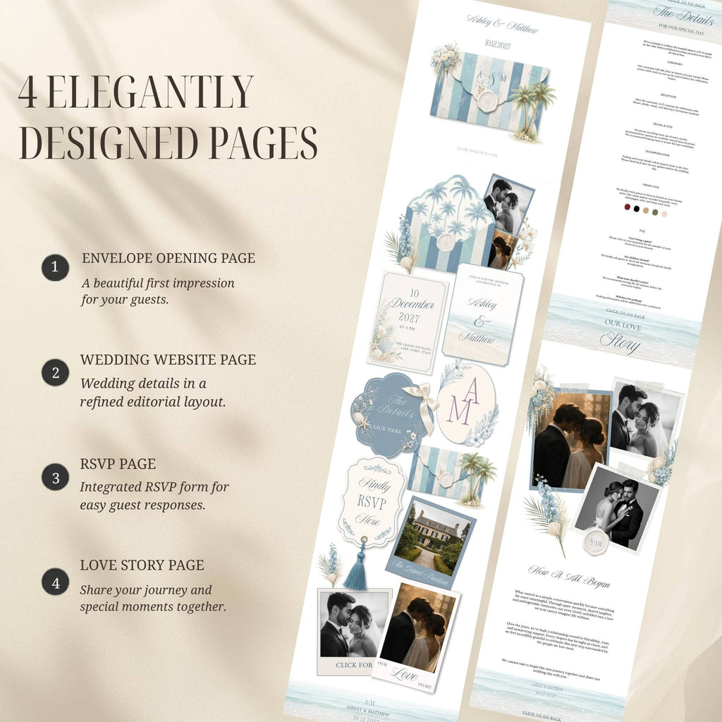 Interactive envelope opening page for beach wedding website template