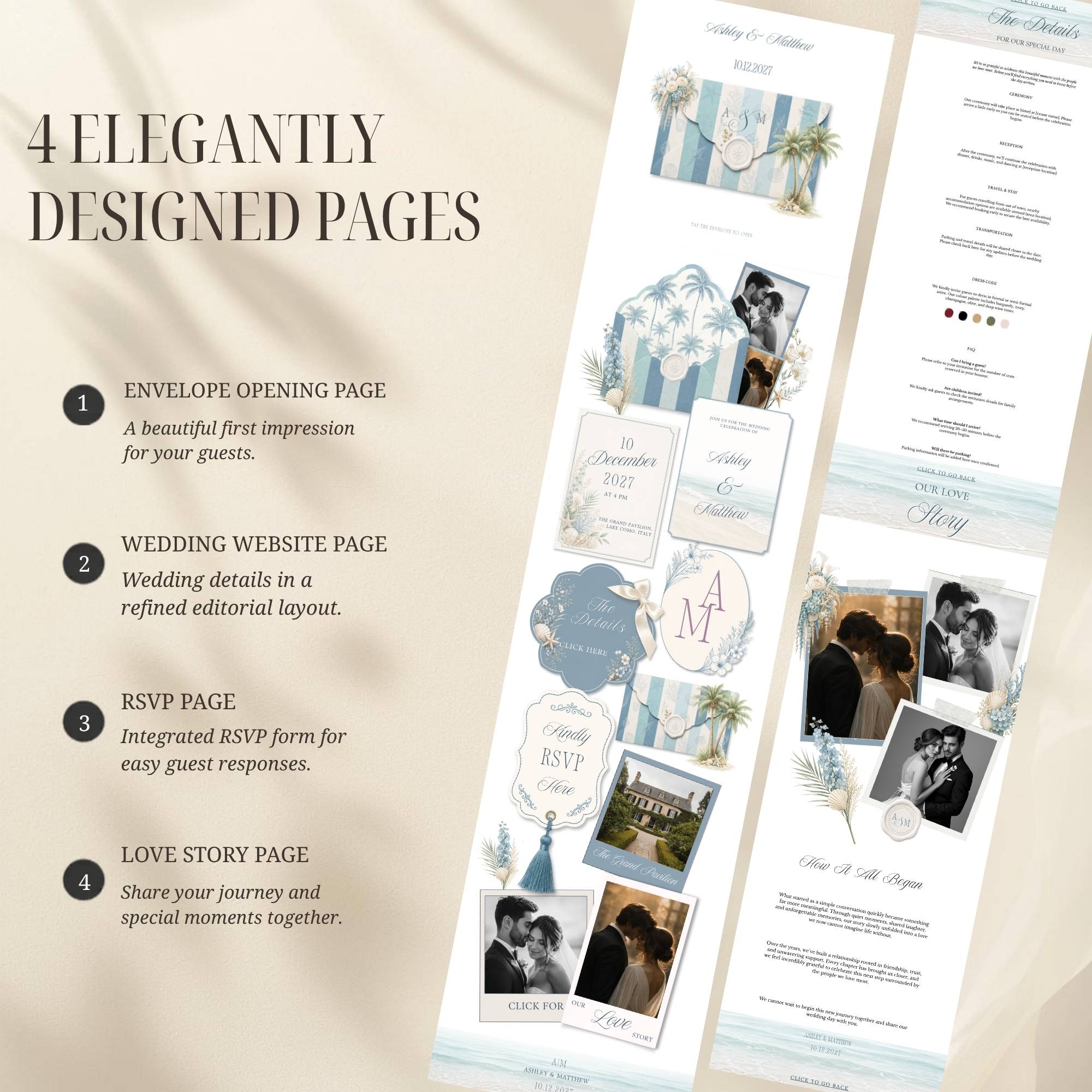 Interactive envelope opening page for beach wedding website template