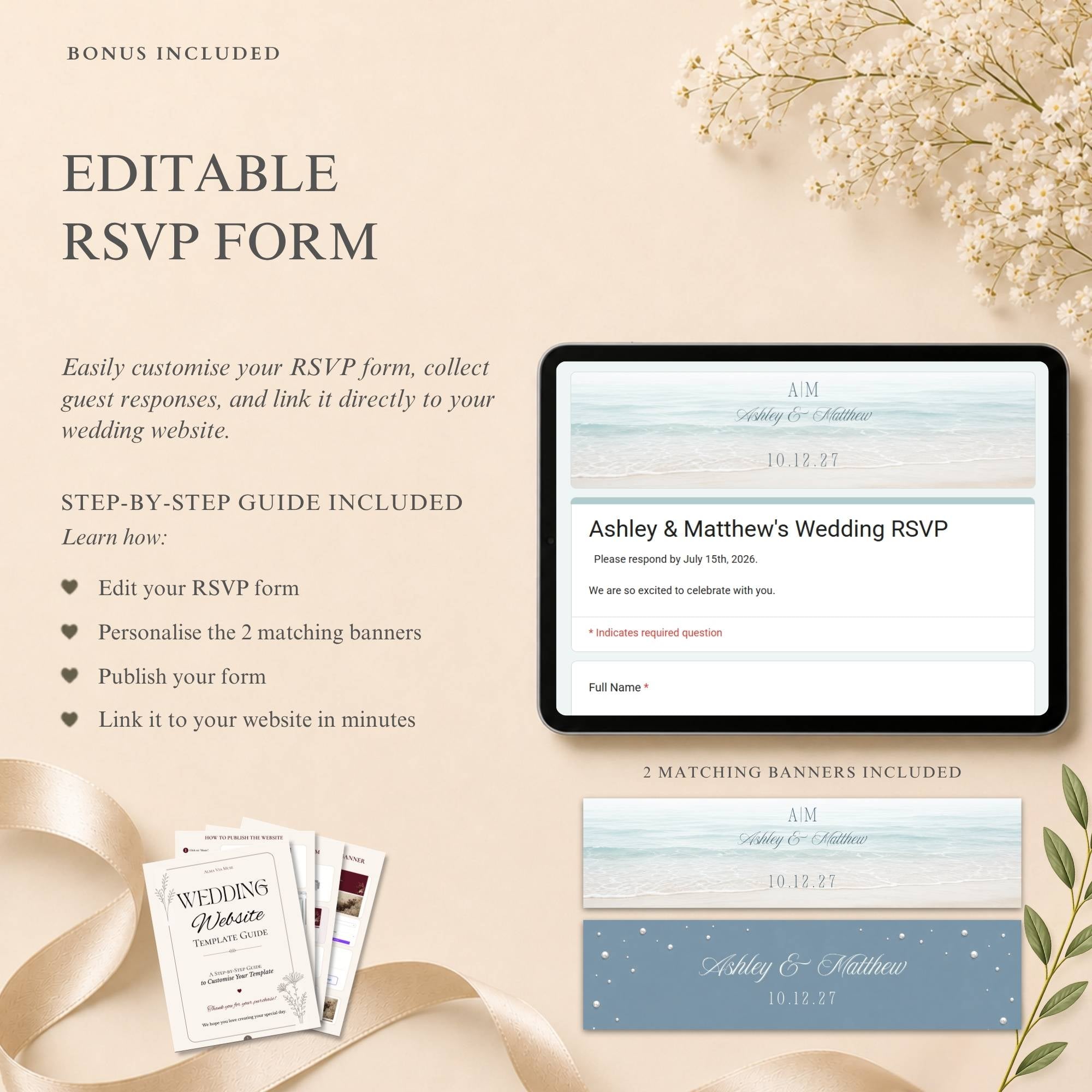 Wedding RSVP page template included with beach wedding website