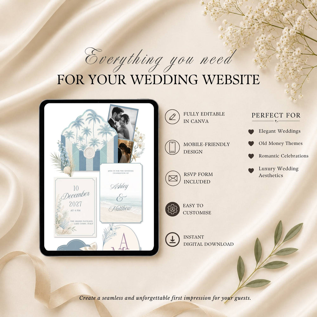Four page beach wedding website template featuring RSVP page love story page and wedding details page