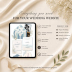 Four page beach wedding website template featuring RSVP page love story page and wedding details page