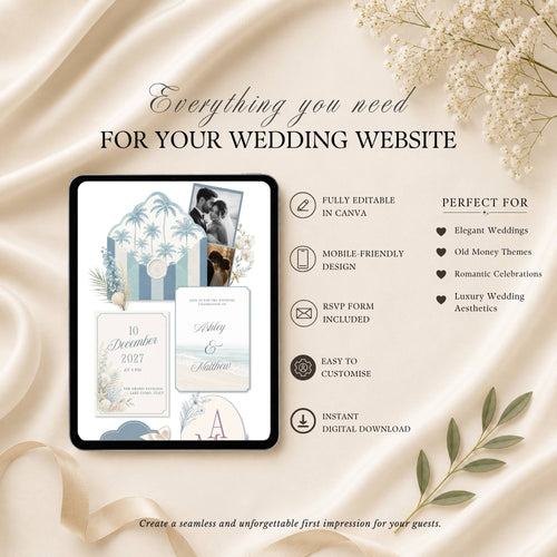 Four page beach wedding website template featuring RSVP page love story page and wedding details page