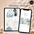 Beach wedding website template editable in Canva with RSVP page and envelope opening design