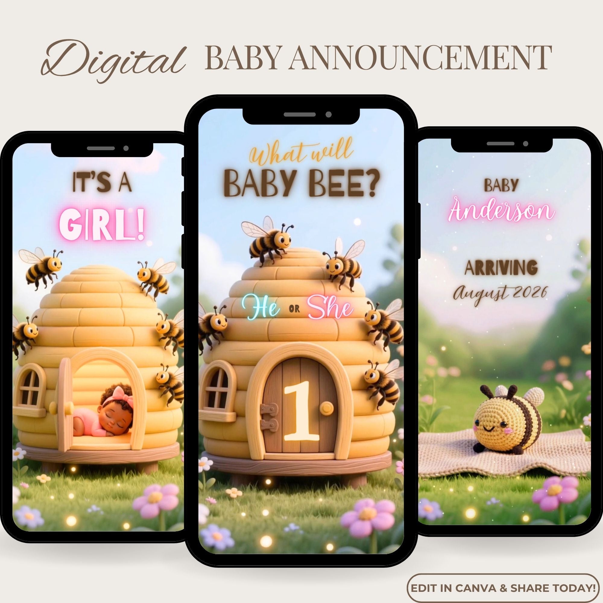 Animated bee gender reveal video invitation for a baby girl, editable in Canva.