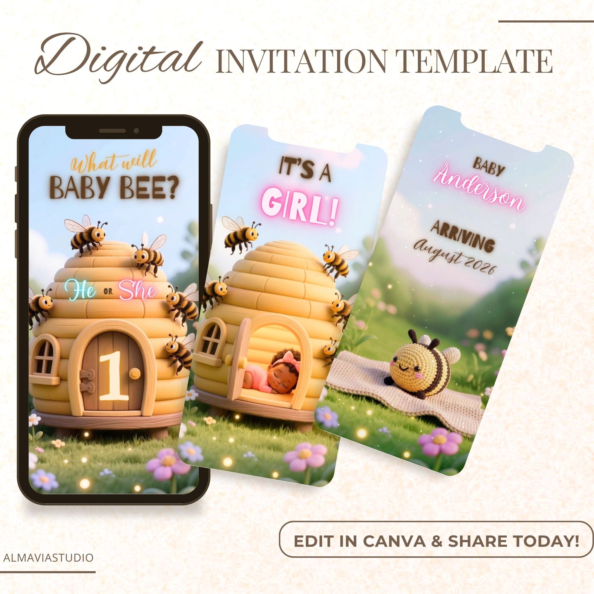 Easily customize the bee-themed gender reveal video with names and event details.