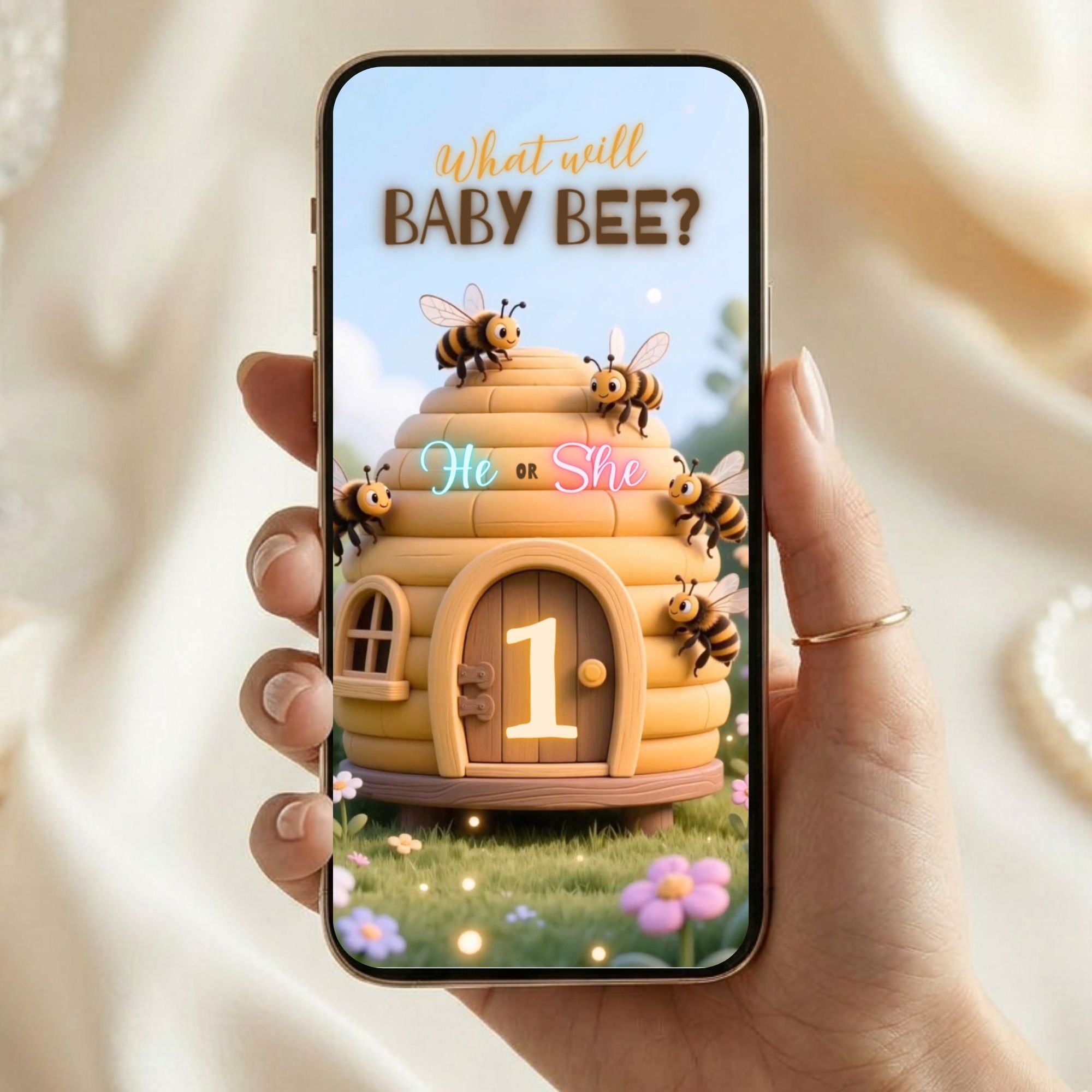Editable bee gender reveal video showing personalized names, dates and reveal text.