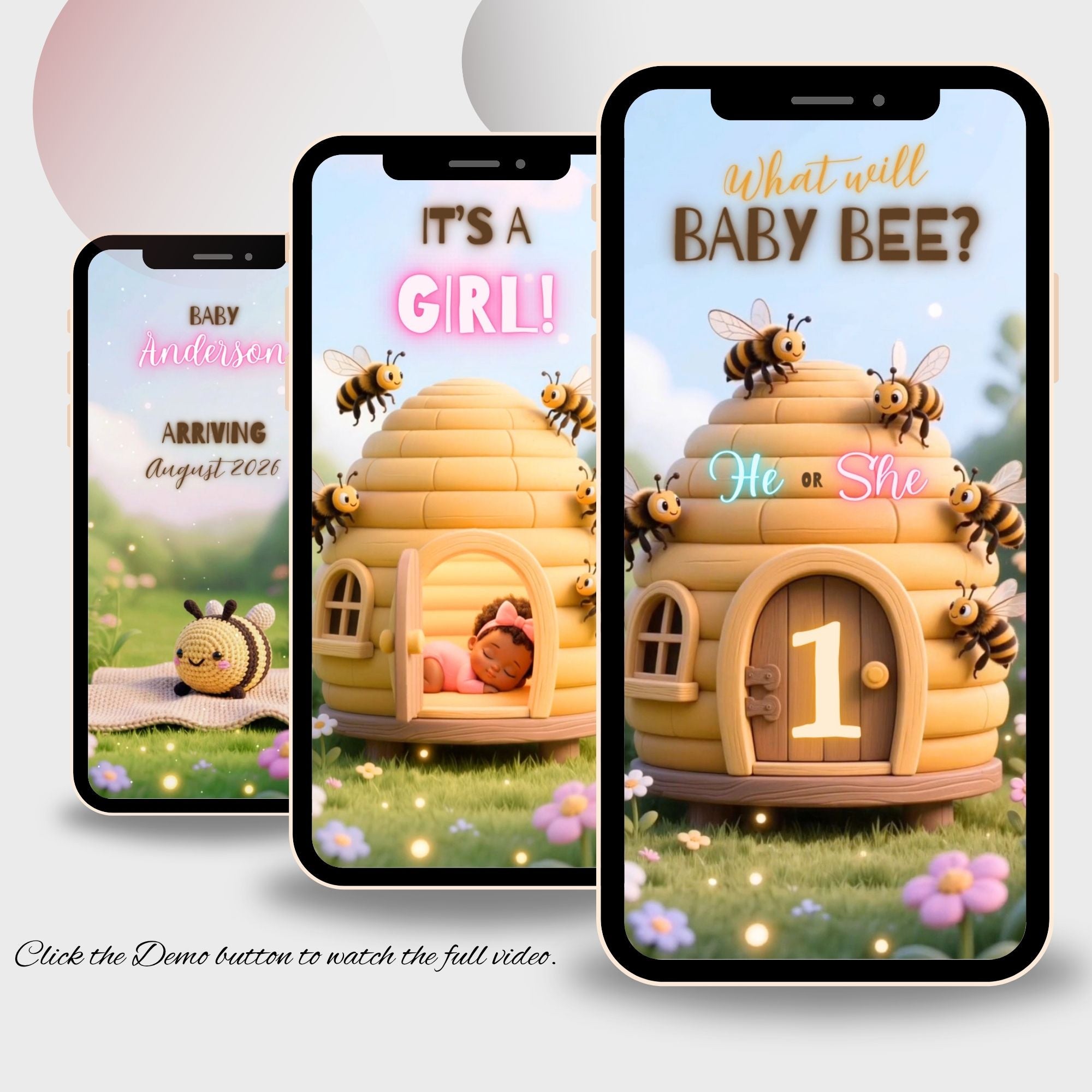 Mobile preview of the animated bee gender reveal video invitation.