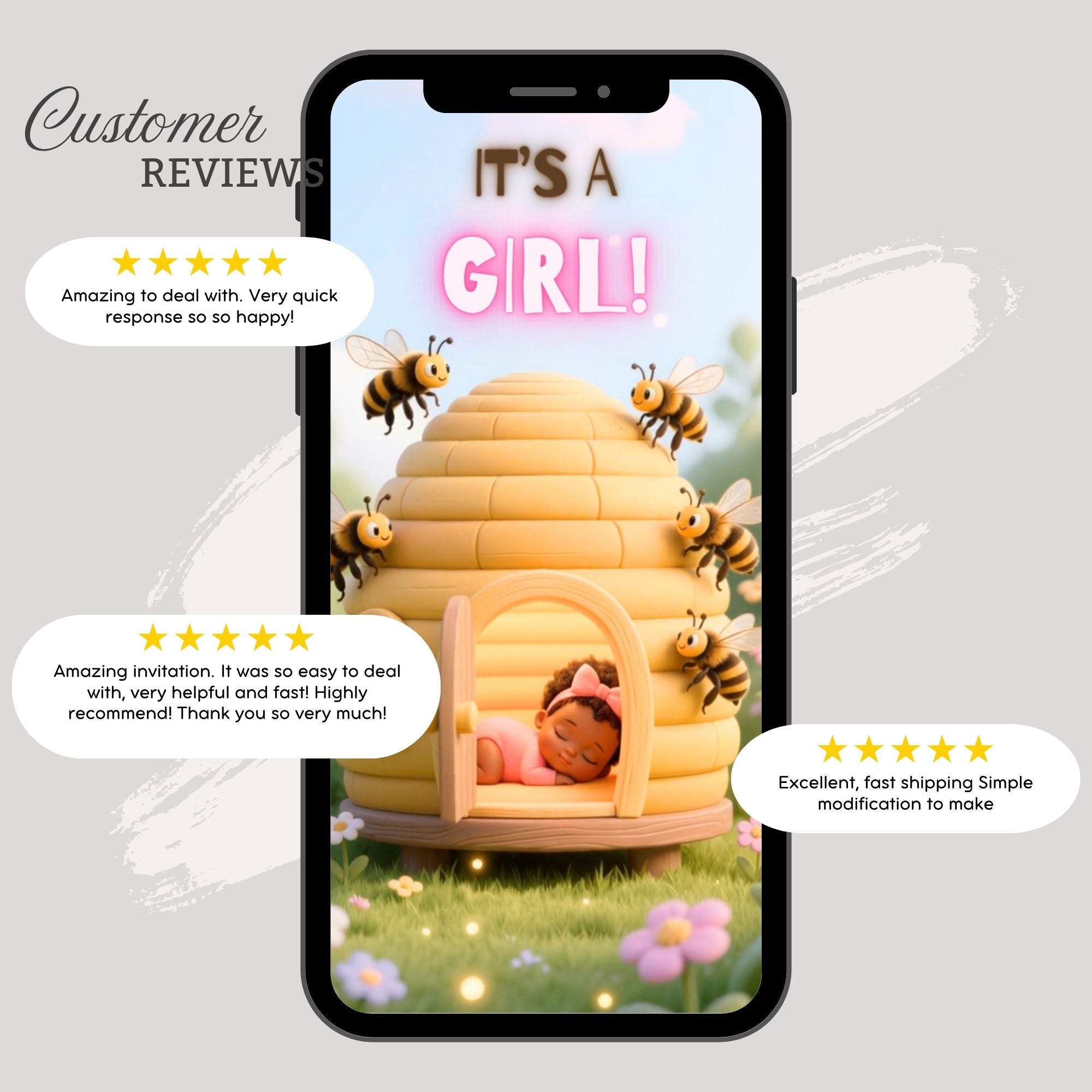 Digital bee gender reveal video invitation ready to download and share instantly.