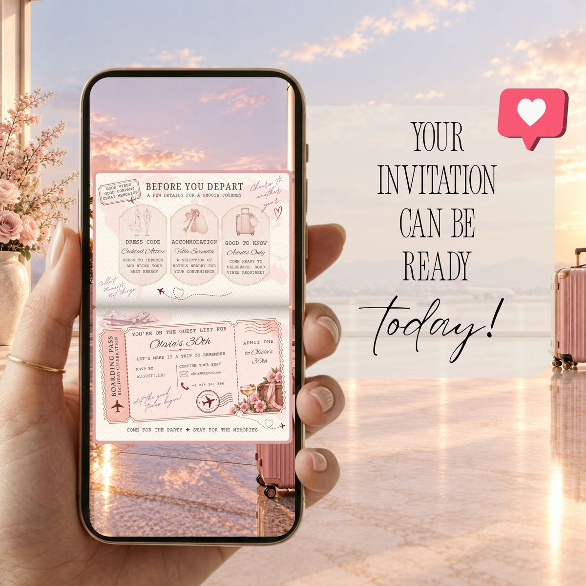 Pink birthday passport video displayed on a phone with dress code, accommodation information and boarding pass RSVP details.