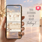 Champagne birthday passport video displayed on a phone with dress code, accommodation details and elegant ticket-style RSVP section.