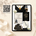 Mobile view of black passport-inspired destination wedding website with interactive opening page.