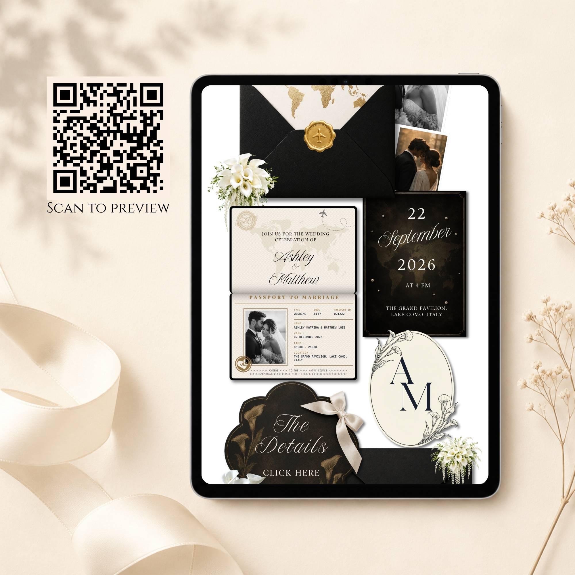 Mobile view of black passport-inspired destination wedding website with interactive opening page.