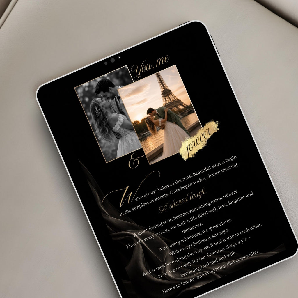 Black and gold digital wedding invitation displayed on a tablet with romantic photography and elegant luxury styling.