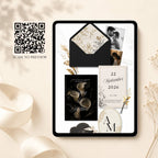 Interactive envelope opening wedding website template in black and gold colours