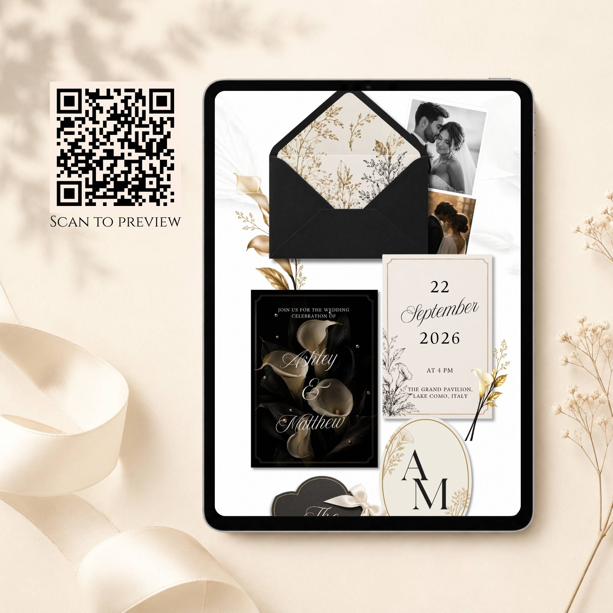 Interactive envelope opening wedding website template in black and gold colours