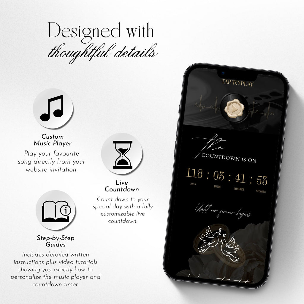 Interactive black and gold wedding website with custom music player, live countdown and detailed Canva setup guide.