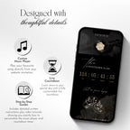 Interactive black and gold wedding website with custom music player, live countdown and detailed Canva setup guide.