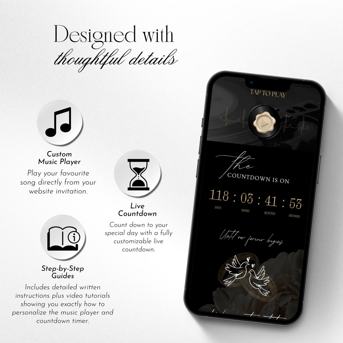 Interactive black and gold wedding website with custom music player, live countdown and detailed Canva setup guide.
