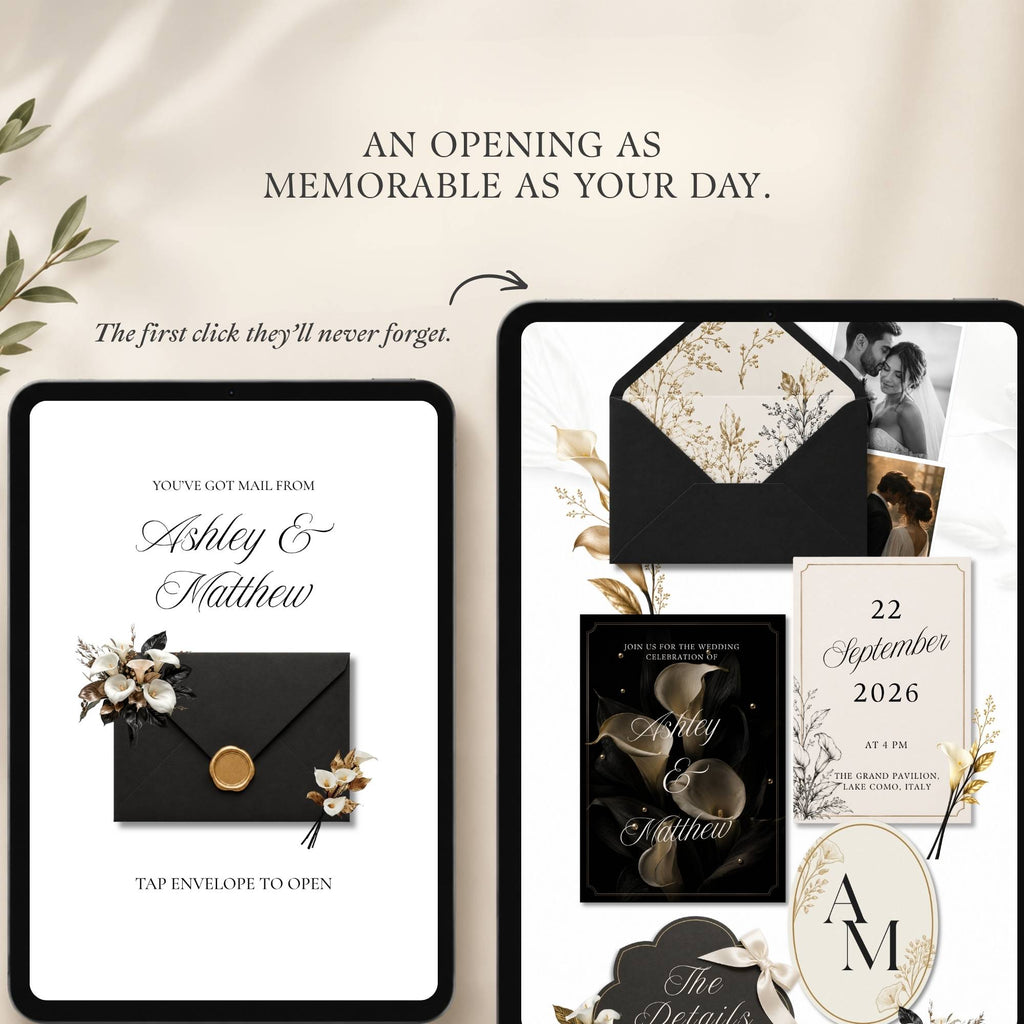 Elegant wedding website template featuring customizable love story page