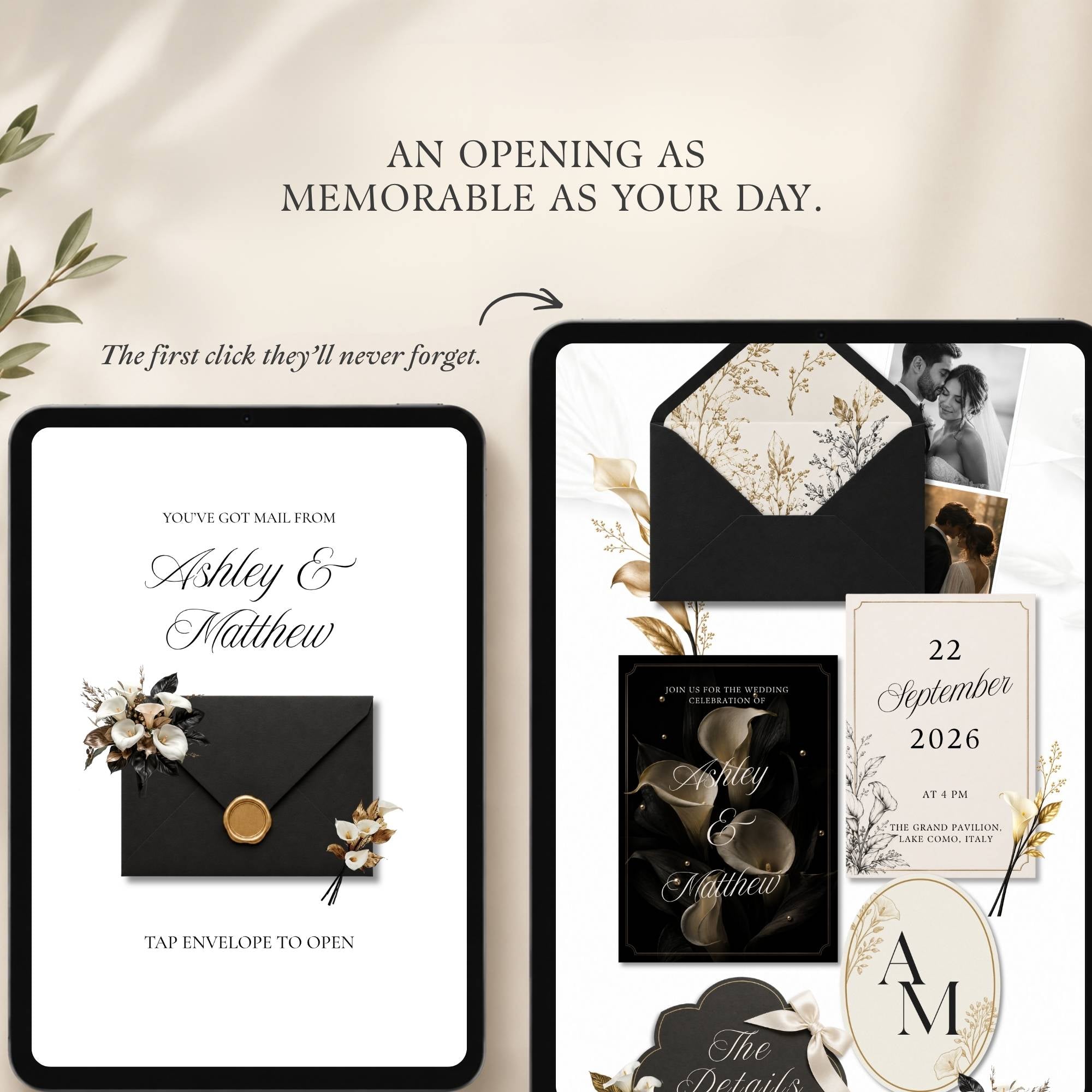 Elegant wedding website template featuring customizable love story page
