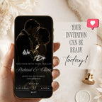 Black and gold online wedding invitation displayed on a mobile phone with romantic couple photography and elegant gold details.
