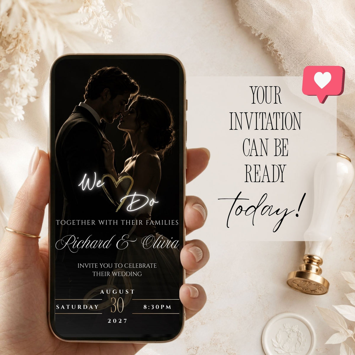 Black and gold online wedding invitation displayed on a mobile phone with romantic couple photography and elegant gold details.