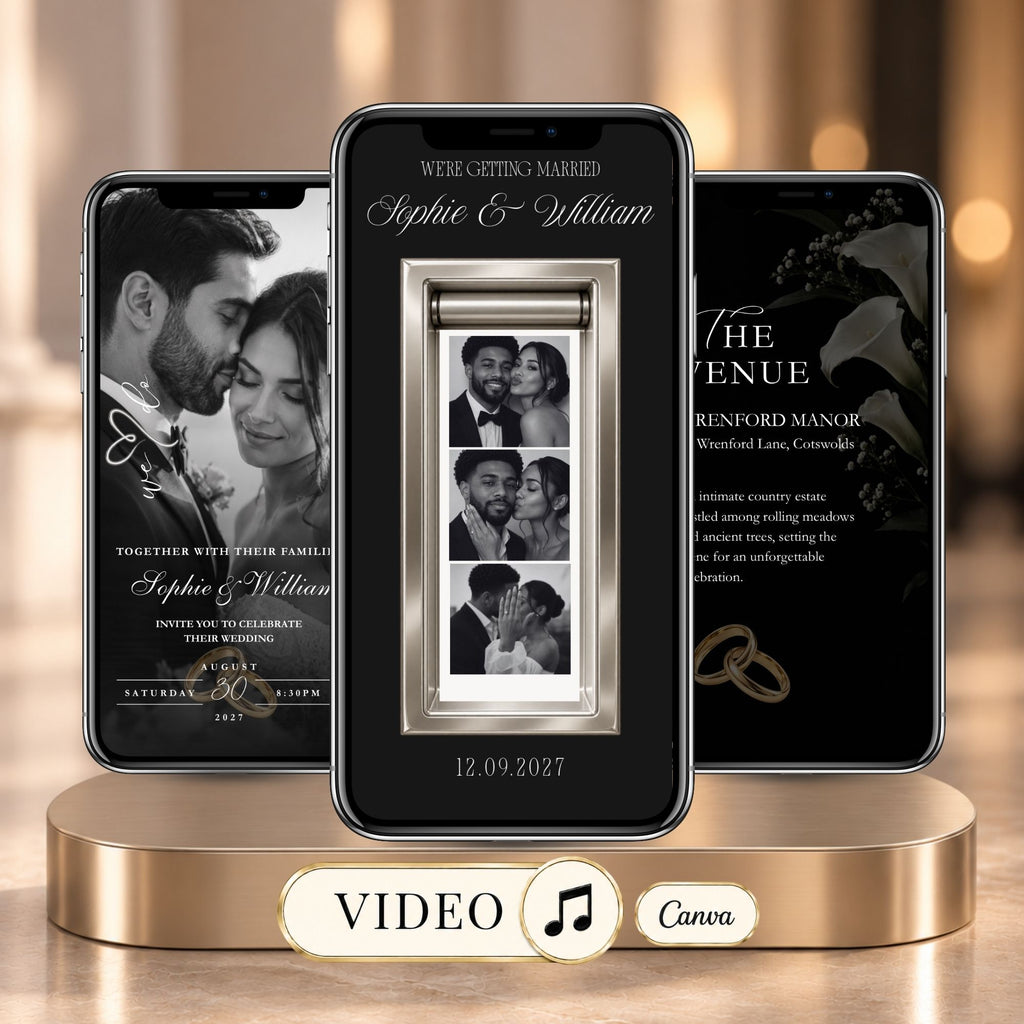 Black and gold wedding video invitation with elegant photo booth strip, couple photography and animated Canva design.