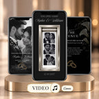 Black and gold wedding video invitation with elegant photo booth strip, couple photography and animated Canva design.