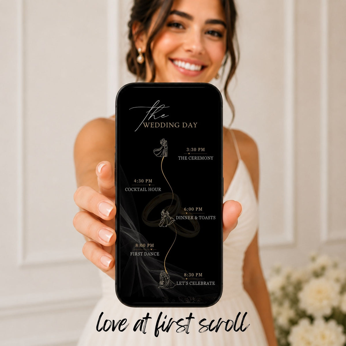 Black and gold wedding day programme displayed on a phone with editable ceremony and celebration schedule details.