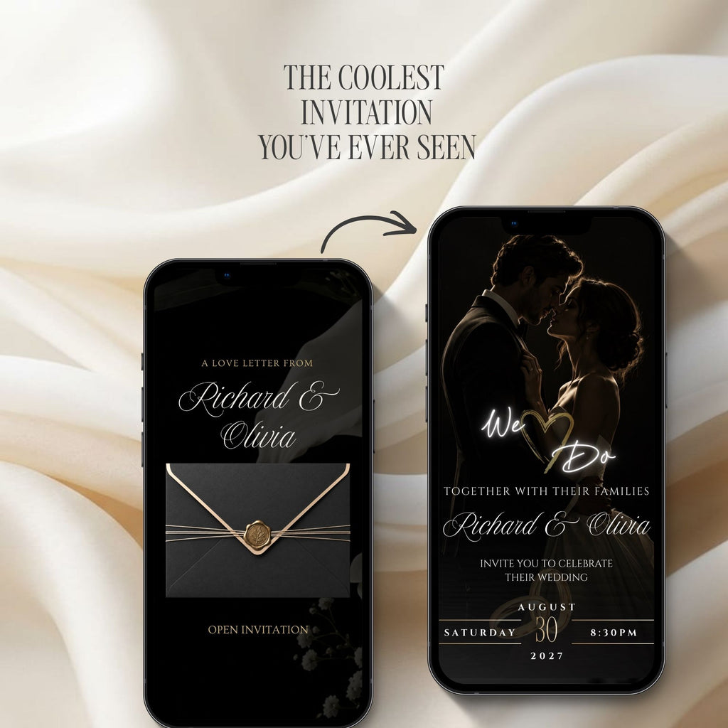 Black and gold wedding website with interactive envelope opening and elegant dark luxury invitation design.