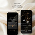 Black and gold wedding website with interactive envelope opening and elegant dark luxury invitation design.
