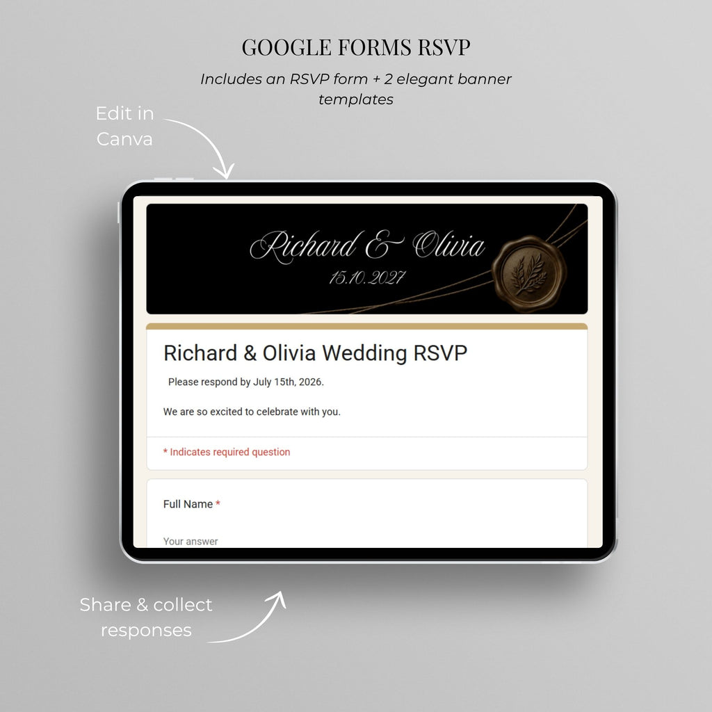 Google Forms RSVP template for black and gold wedding website with editable questions and trackable guest responses.