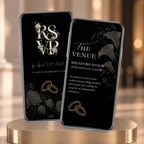 Black and gold wedding video template displaying elegant RSVP and wedding venue screens with floral and ring details.