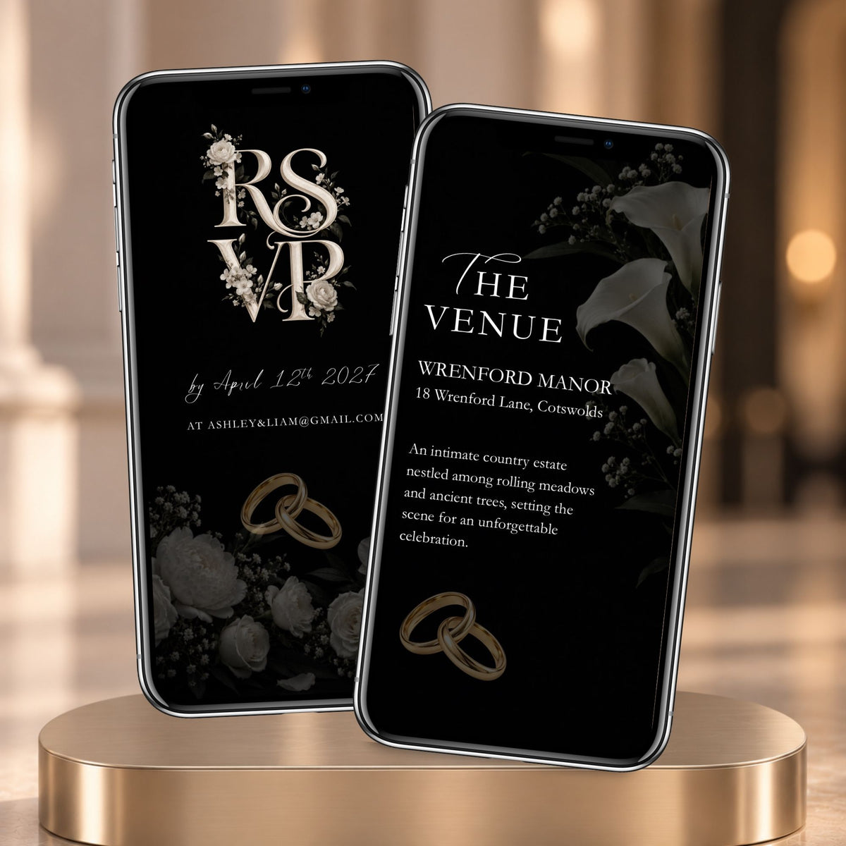 Black and gold wedding video template displaying elegant RSVP and wedding venue screens with floral and ring details.