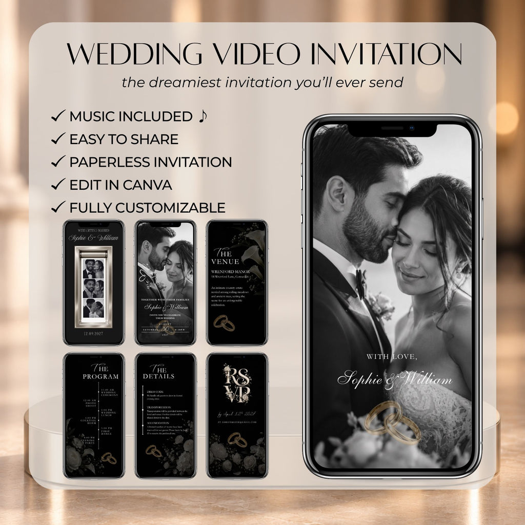 Elegant black and gold wedding video Canva template featuring photo booth images, venue details, programme, RSVP and music.