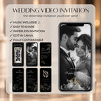 Elegant black and gold wedding video Canva template featuring photo booth images, venue details, programme, RSVP and music.