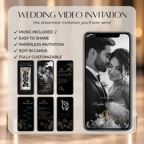 Elegant black and gold wedding video Canva template featuring photo booth images, venue details, programme, RSVP and music.