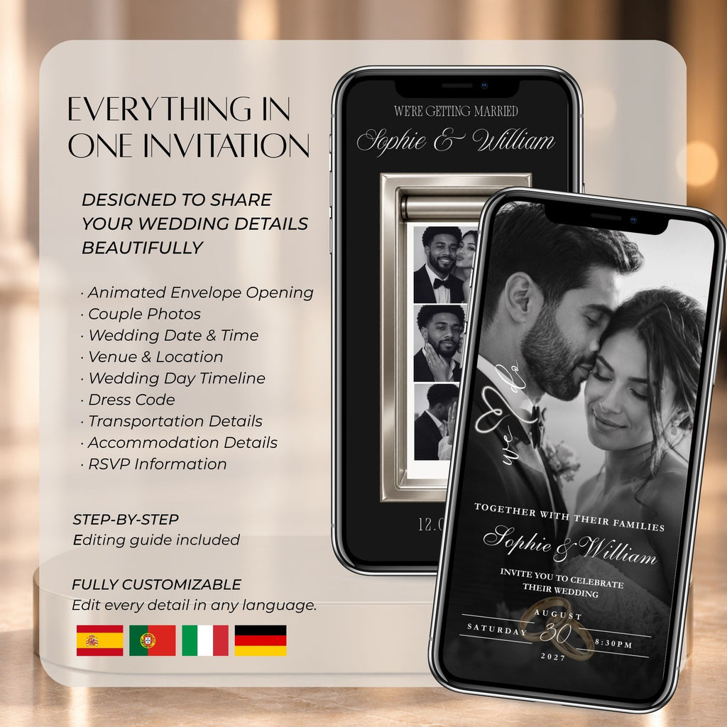 Black and gold wedding video invitation with photo booth design, customizable wedding details, RSVP, programme and venue information.